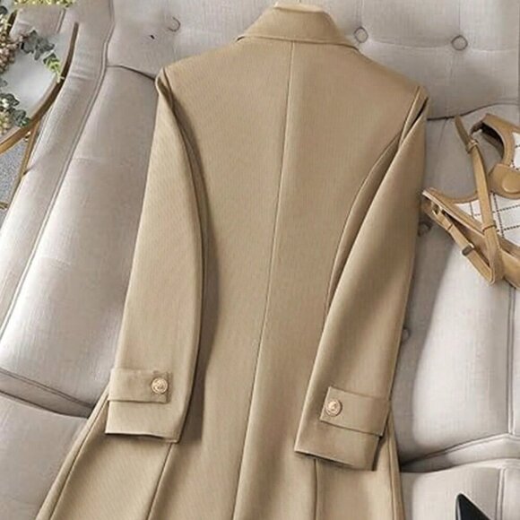 Khaki Elegant Women's Casual Cinched Waist Sleeve Detail Long Sleeve Blazer - Picture 5 of 6